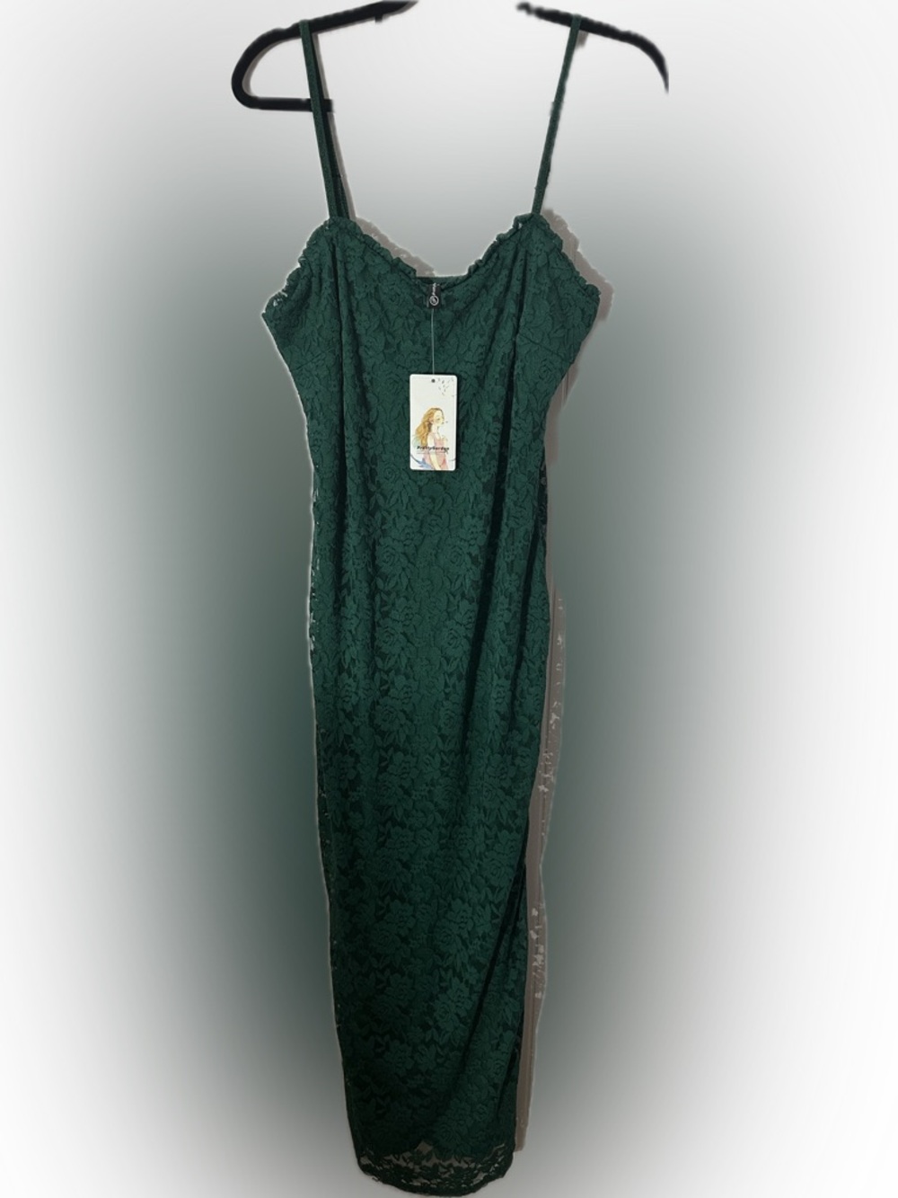 Forest Green Lace Pencil Skirt Dress with Spaghetti Straps - Picture 3 of 5